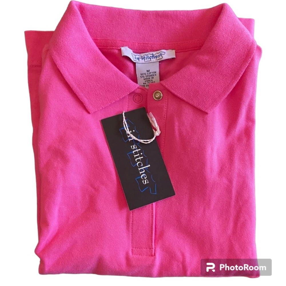 NWT 90s Polo Shirt Pink w black trim Short Sleeve top snaps pop collar Barbie - Picture 7 of 9